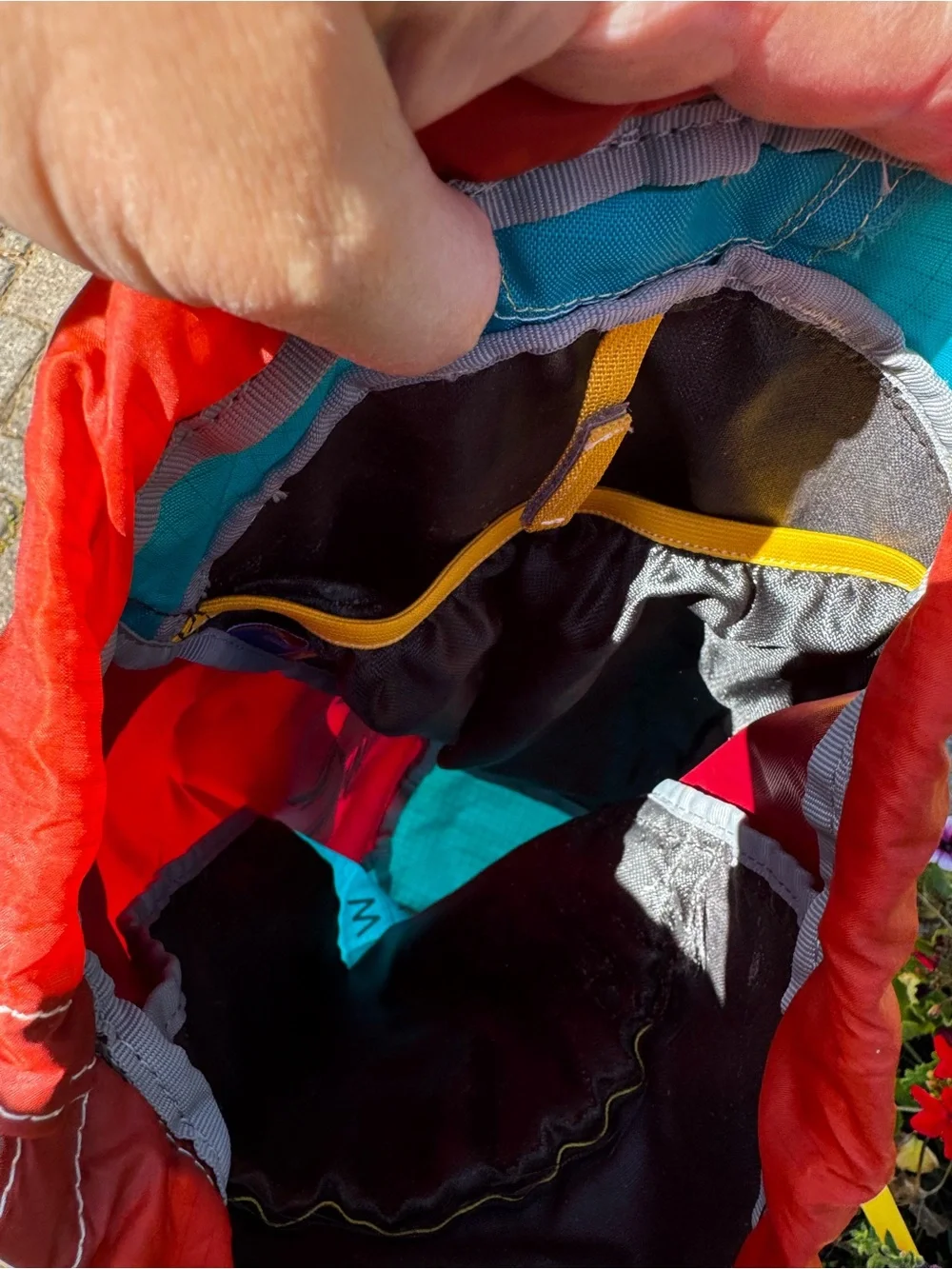 cotopaxi Luzon 18L Teal, Gray & Red Drawstring Daypack with Yellow Accents